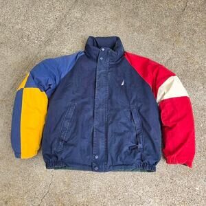 Vtg 90s NAUTICA Colorblock Sailing Flags Design Reversible Puffer Jacket XL